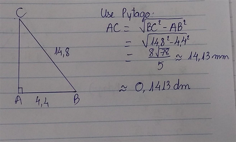 A, B and C form a triangle where ∠BAC = 90° AB = 4.4mm and BC = 14.8mm Find the length-example-1