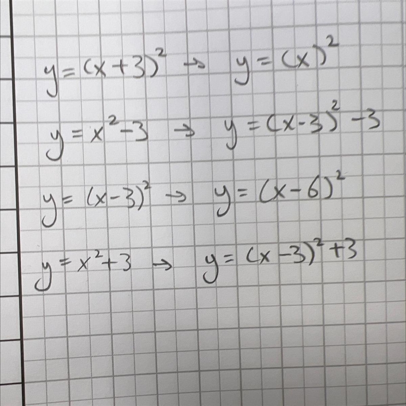 Which equation was translated "right 3 units" from the origin. y = (x+3)² y-example-1