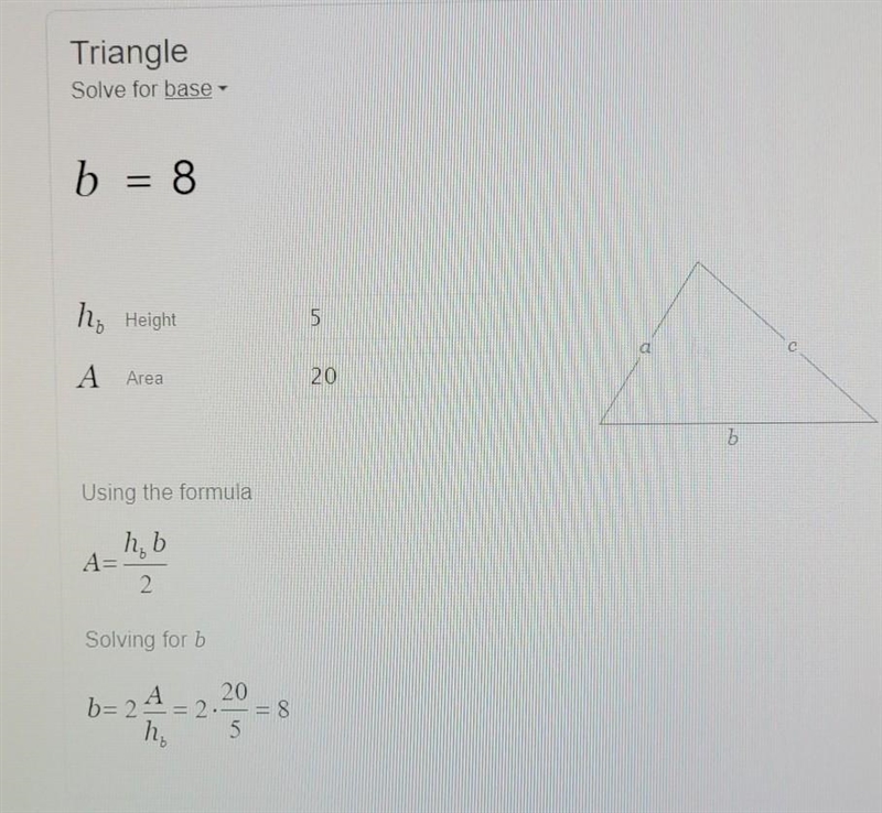 A triangle has an area of 20 in2. If the height of the triangle is 5 inches, find-example-1