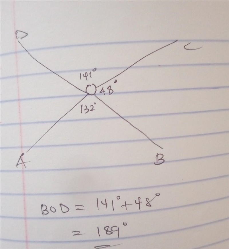 In the given figure if AOB = 132°, COD = 141°, if measure of BOD equals x°, then-example-1