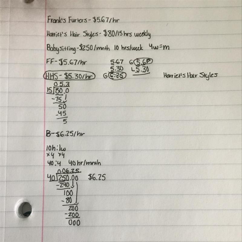 This is a practice question from my Consumer Math class. Frank's Furters $5.67 /hr-example-1