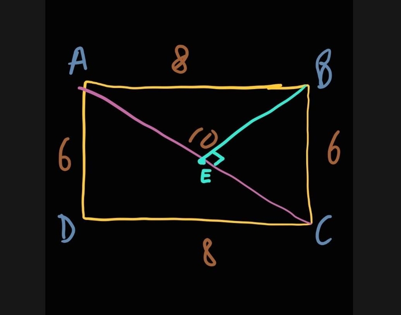 ABCD is an 8 by 6 rectangle. AC is a diagonal with length 10. Point E is on AC such-example-1