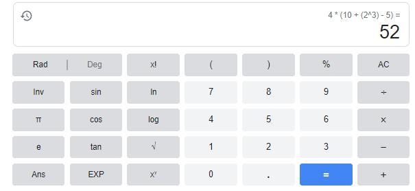 Simplify: 4(10+2³-5) O a. 52 O b. 44 O c. 6892 O d. 17-example-1