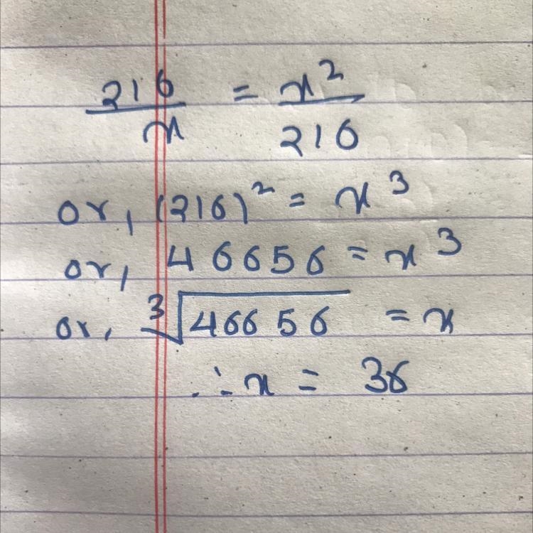 The ratio 216 : x is equivalent to x^2 : 216. What is the value of x?-example-1