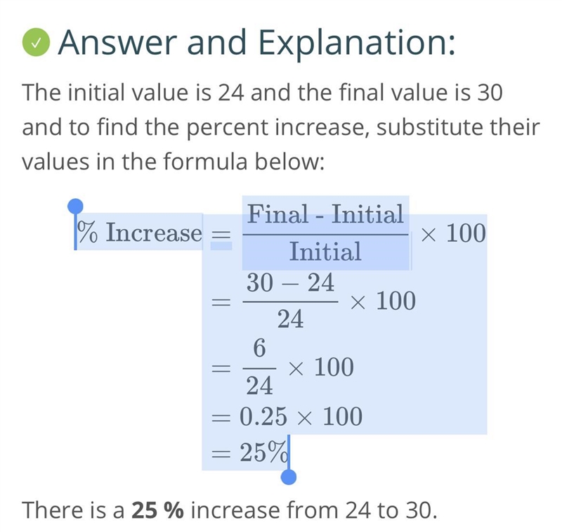 If 24 is increased to 30, the percent of increase is how much %.-example-1