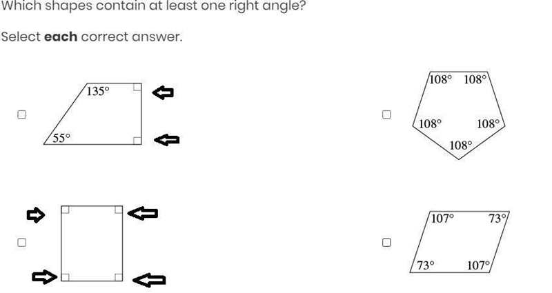 Which shapes contain at least one right angle? Select each correct answer.-example-1