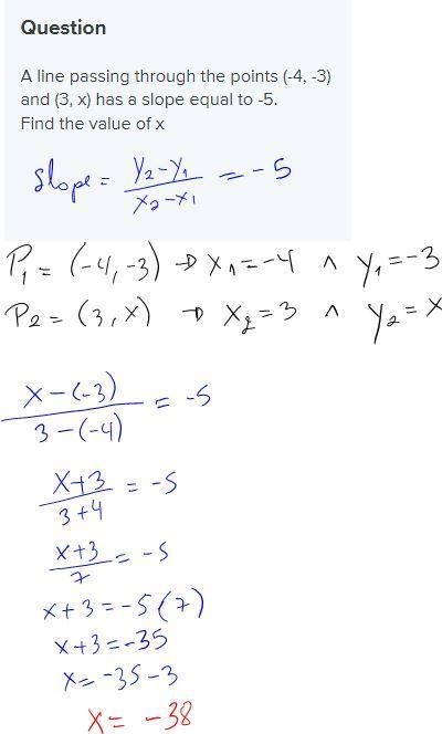 A line passing through the points (-4, -3) and (3, x) has a slope equal to -5. Find-example-1