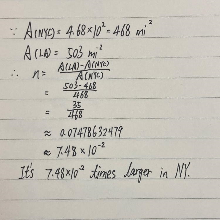 New York City is approximately 4.68×10²square miles. Los Angeles is 503 square miles-example-1