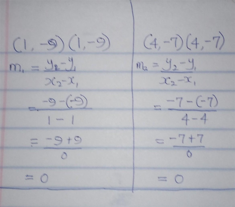 What is the slope of the line that passes through the points (1, -9)(1,−9) and (4, -7)(4,−7)? Write-example-1