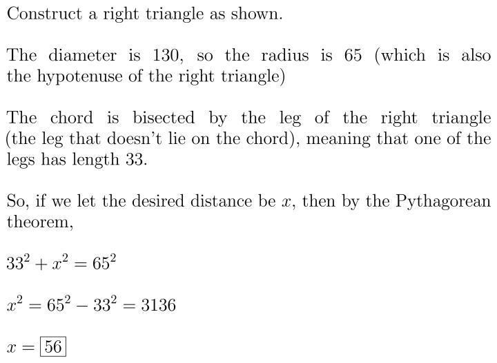 The diameter of a circle is 130 inches. The circle has two chords of length 66 inches-example-2