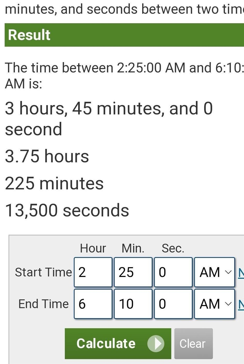 Find the time difference between 2:25am and 6:10am.-example-1