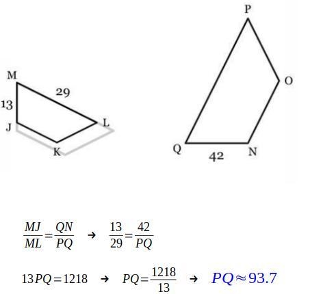 Quadrilateral JKLM is similar to quadrilateral NOPQ. Find the measure of side PQ. Round-example-1