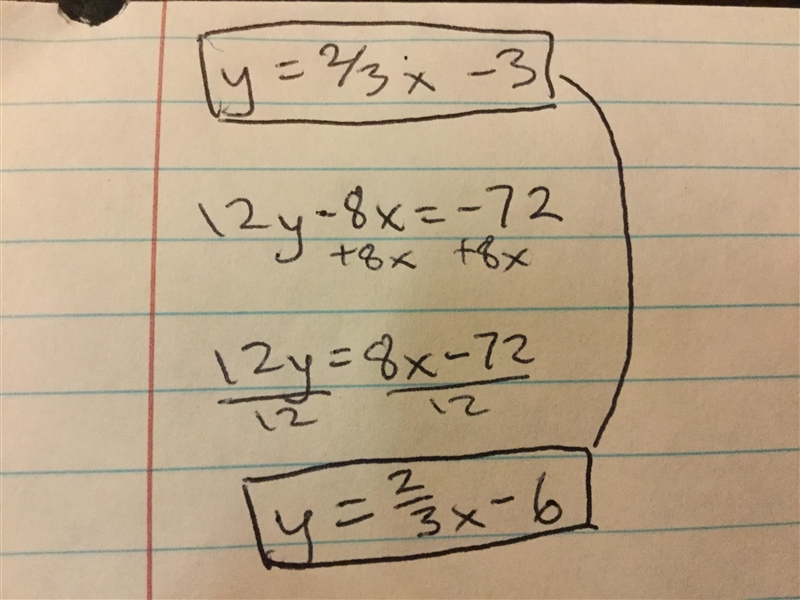 The lines represented by the equations 12y – 8x = -72 and y = 2/3 x – 3 are perpendicular-example-1