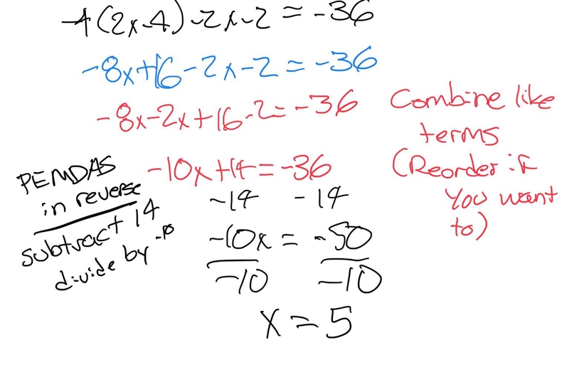 Solve for x please −4(2x−4)−2x−2=-36-example-1