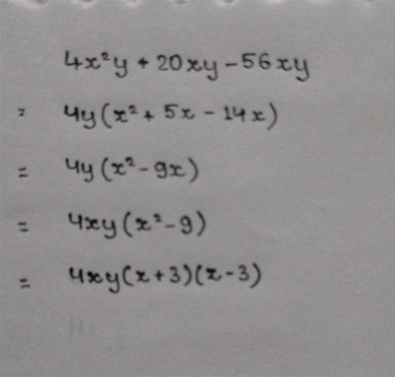 Factor each completely.4x^2y+20xy-56xy-example-1