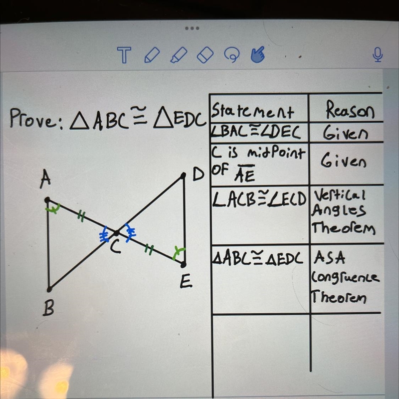 Angle BAC is congruent to Angle DEC: Given C is the midpoint of AE: Given Prove triangle-example-1