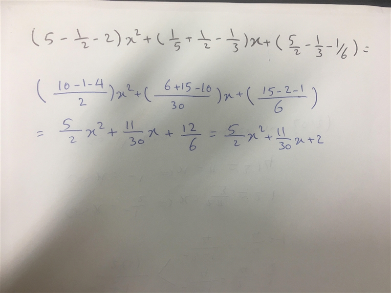 (5 - 1/2- 2)x^2 + ( 1/5 + 1/2 - 1/3 )x + (5/2 - 1/3 - 1/6 ) =-example-1