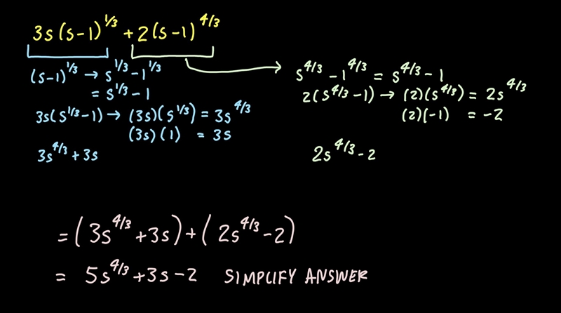 Factor the following expression. Simplify your answer. 3s(s - 1)^1/3 + 2(s - 1)^4/3-example-1