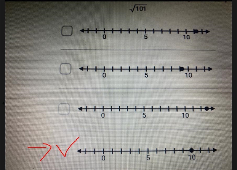 Choose the number line that could show this value square root of 101.-example-2