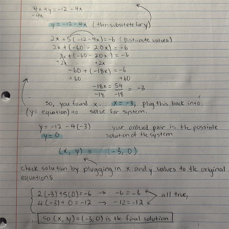 Solve each system using subtraction (2x + 5y = -6 (4x + y = -12-example-1