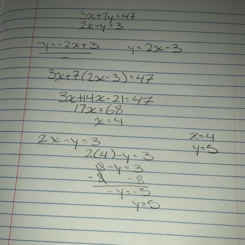 If 3x + 7y = 47, AND 2x - y = 3 What is the value x?-example-1