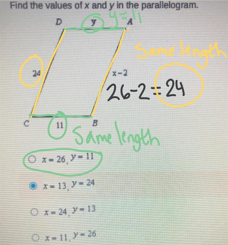 Find the value of x and y in the parallelogram. Explain.-example-1