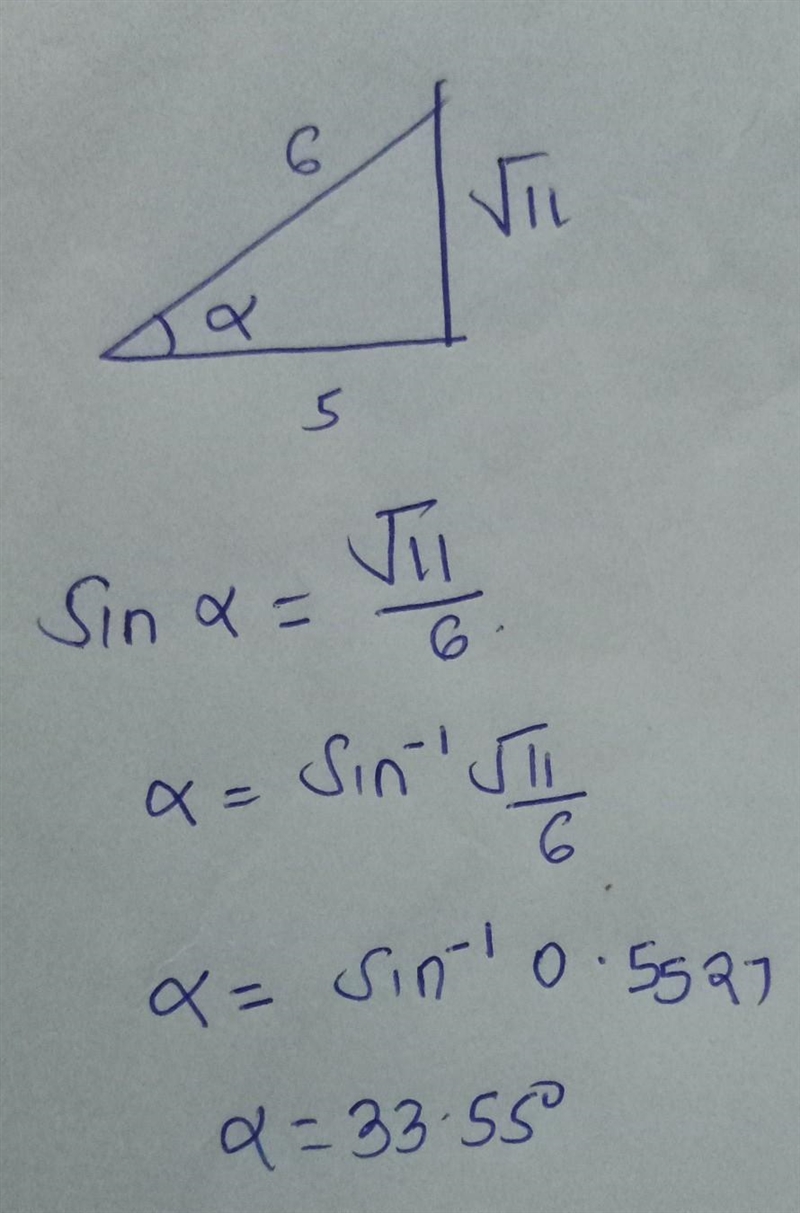 Find a in degrees. a 6 √11 5 ? ]° Round to the nearest hundredth.-example-1