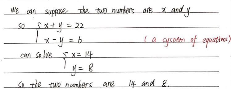 The sum of two numbers is 22. The difference is 6. What are the two numbers?-example-1