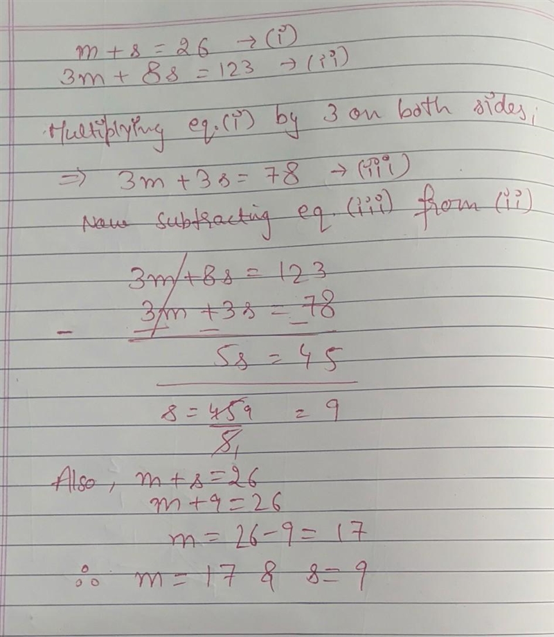 M + s = 26 3m + 8s = 123-example-1