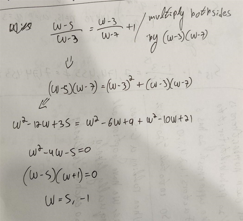 W-5/w-3= w-3/w-7 +1 solve the equation-example-1