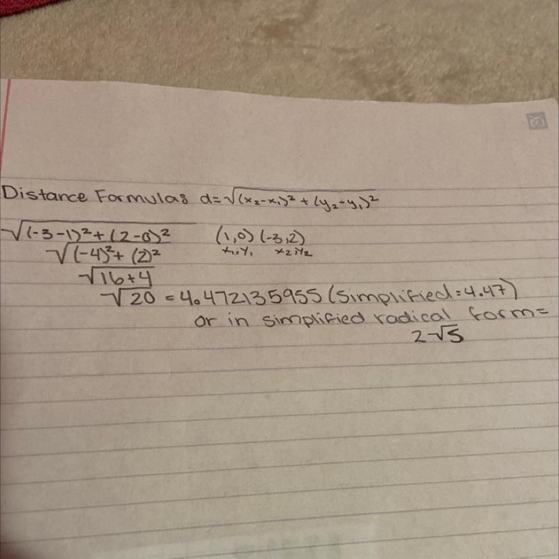 Find the distance between the points (1, 0) and (-3, 2)-example-1