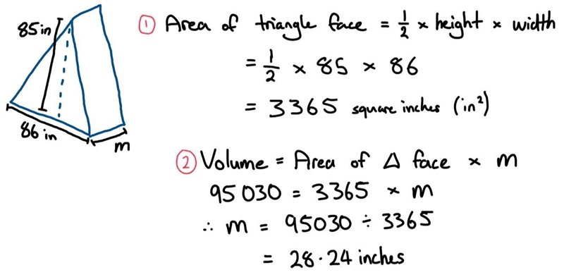 The volume of this triangular prism is 95,030 cubic inches. What is the value of m-example-1