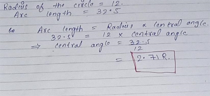 Find the radian measure of the central angle of a circle of radius 12 that intercepts-example-1