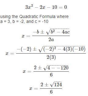 Solve the equation 3x^2-2x-10=0 Show all your working and give your answers correct-example-1