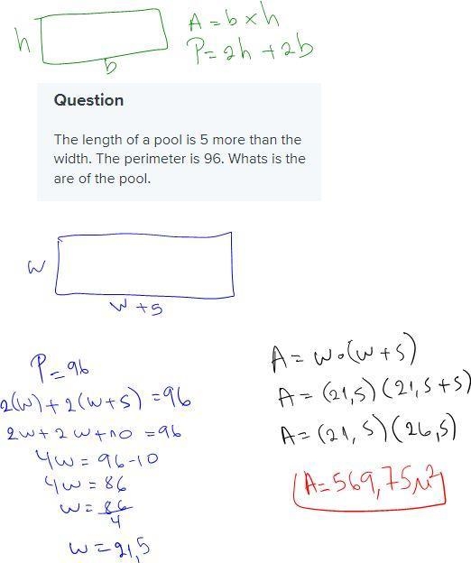 The length of a pool is 5 more than the width. The perimeter is 96. Whats is the are-example-1