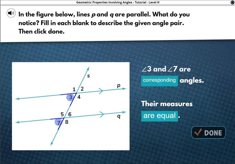 In the figure below lines p and q are parallel. what do you notice?-example-1