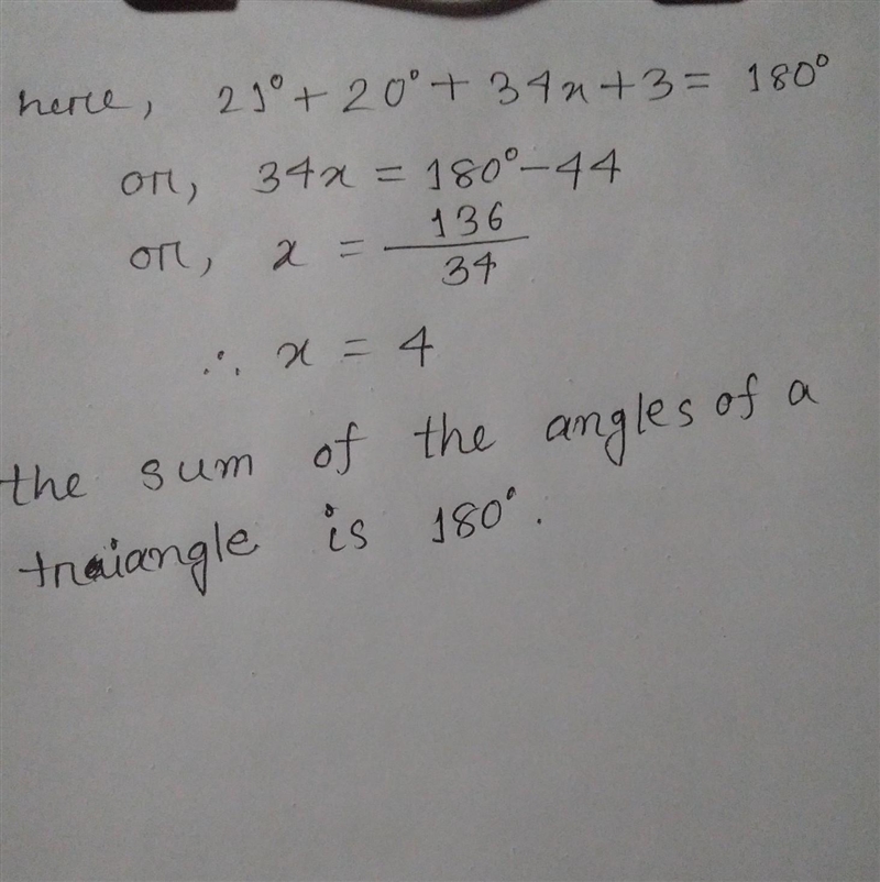 Solve for x ASAP AND GIVE AN EXPLANATION 21° 34x+3 20°-example-1