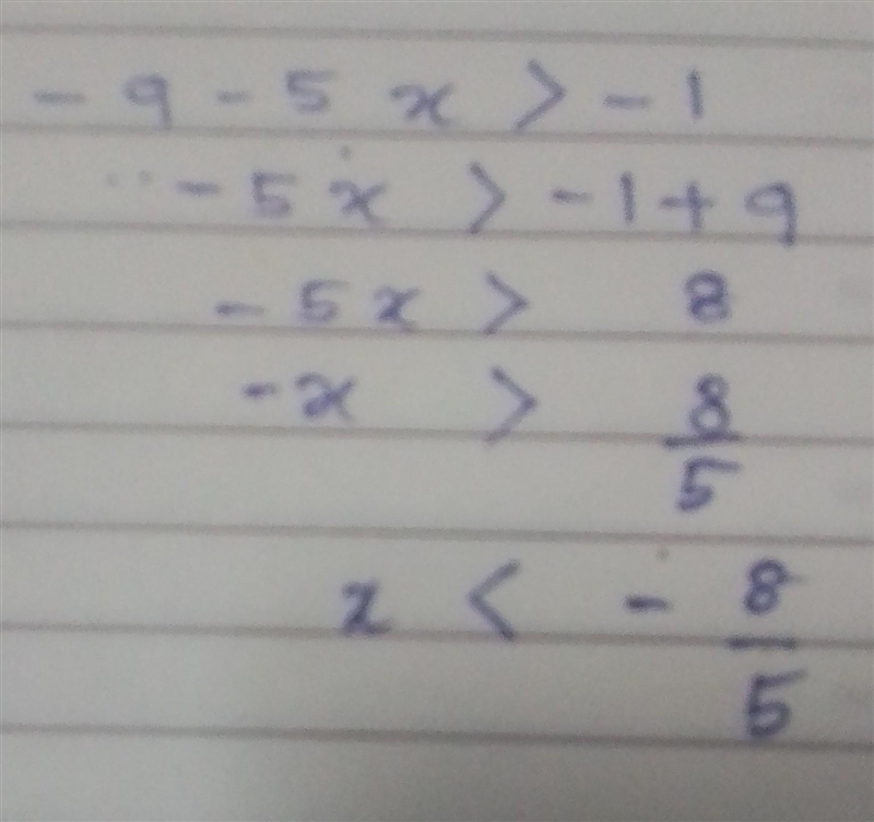 −9−5x>-1 2 -5 -10 Or none Which of the following values are solutions to the inequality-example-1