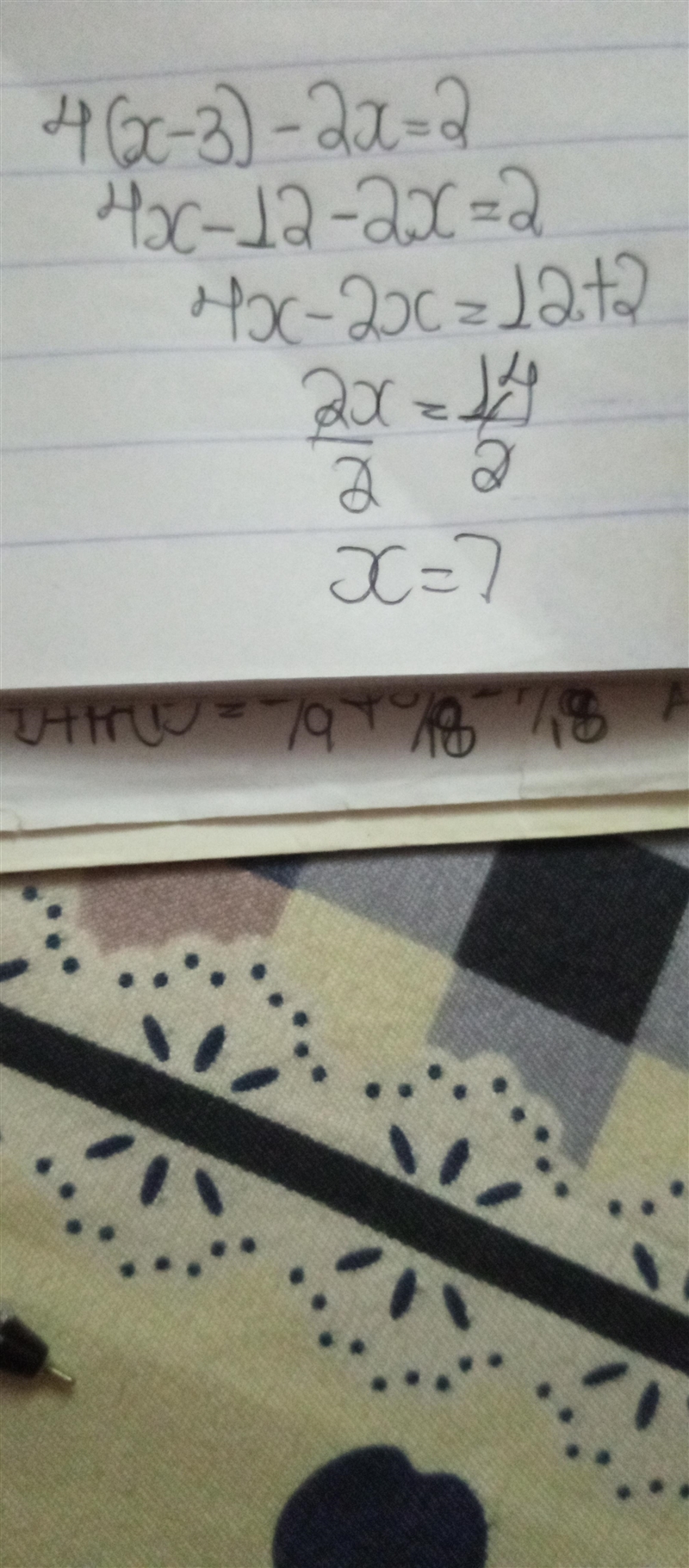 Solve for x: 4(x - 3) - 2x = 2-example-1