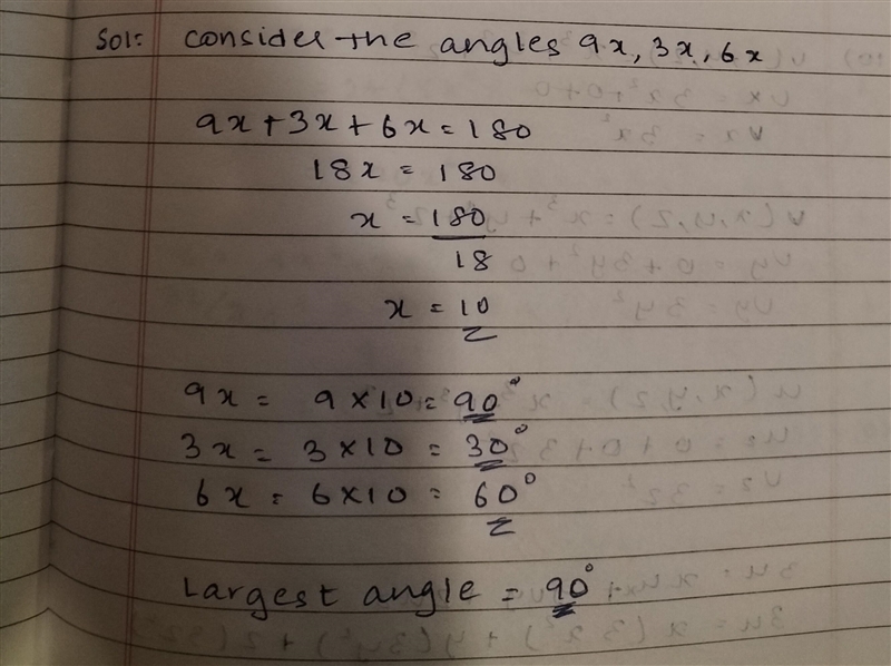 The ratio of the measures of the three angles in a triangle is 9:3:6. find the measures-example-1