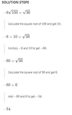 Combine these radicals -6 v/100 + v/36 A.)-66 B.) -54 C.) -6 v/ 136 D.) -6 v/16 (dont-example-1