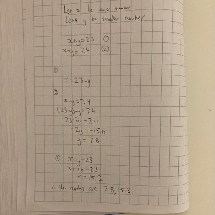 The sum of two numbers is 23. The difference of the numbers is 7.4. What are the two-example-1