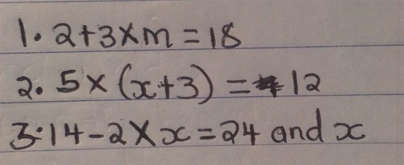 Write an equation for each sentence. 1. Two added to three times a number m is the-example-1