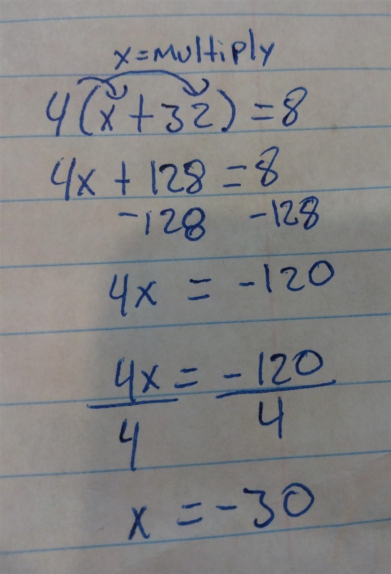 Eva is solving the equation 4(x+32)=8 She says, “I can subtract 32 from each side-example-1