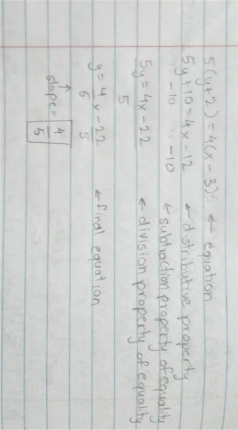 What is the slope of the line? 5(y+2)=4(x-3)5(y+2)=4(x−3)-example-1