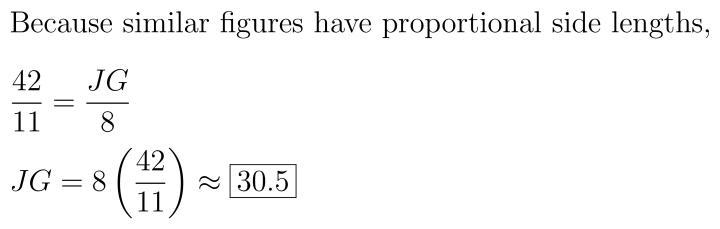 Quadrilateral CDEF is similar to quadrilateral GHIJ. Find the measure of side JG. Round-example-1