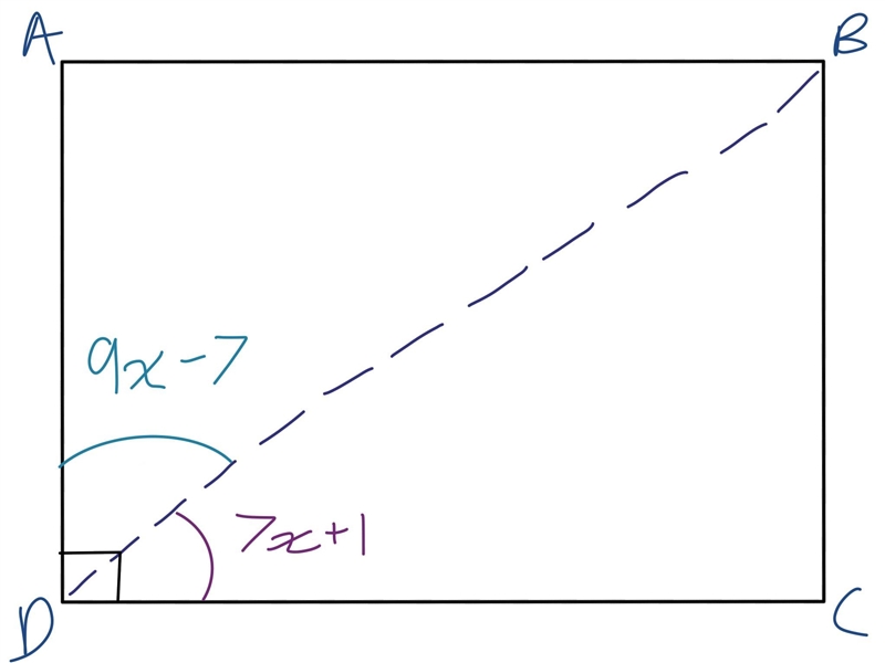 Quadrilateral ABCD is a rectangle. If BDC = 7x + 1 and ADB=9x - 7, find BDC.-example-1