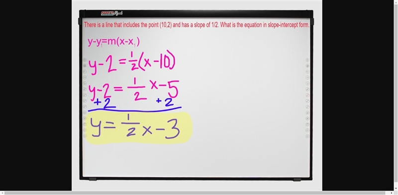 There is a line that includes the point (10,2) and has a slope of 1/2. What is the-example-1