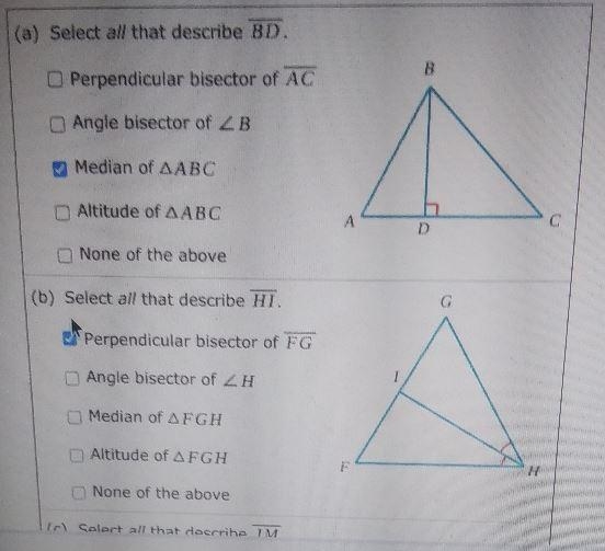 (a) Select all that describe BD. B Perpendicular bisector of AC Angle bisector of-example-1