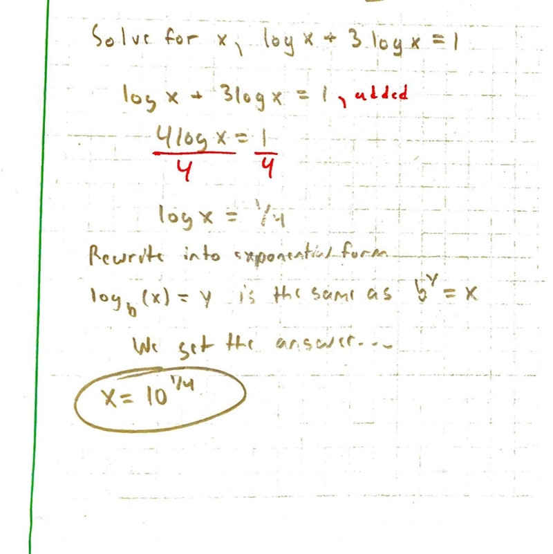 Solve the equation: logsx + 3logsx = 1. {-√5, √5) {√5) (-√5) Ø-example-1